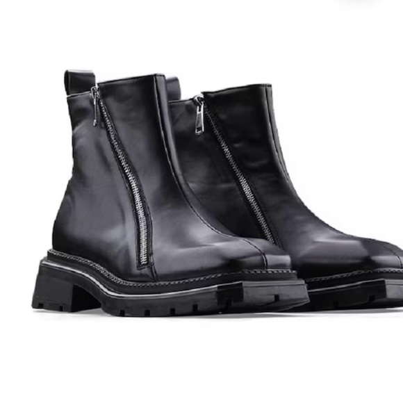 Square toe ankle boots high fashion platform shoes chunk, zipper black - Picture 2 of 7